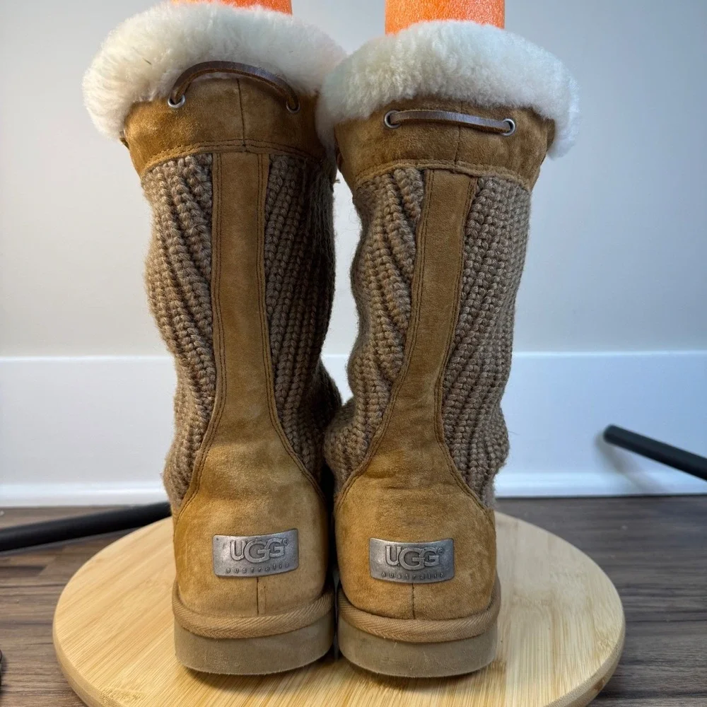 UGG Australia Suburb Crochet Boots Women's 7 Chestnut Brown Suede Knit Sheepskin